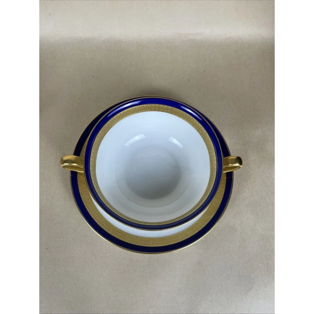HTF Tirschenreuth P.T. Bavaria ARGYLE4279 Cream Soup Bowl,Saucer Cobalt Gold Rim